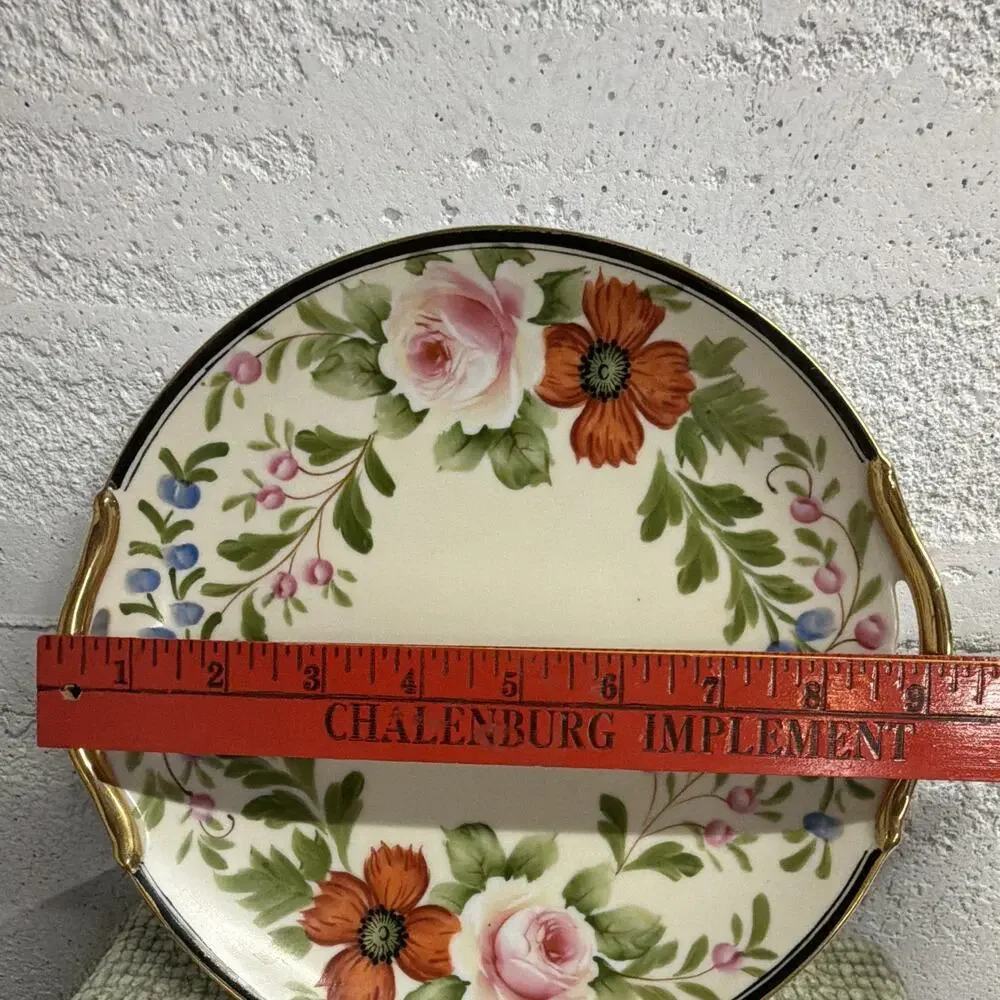Vintage Moriyama Japan 9.5” Hand Painted Floral Plate Roses Gold Trim Handles